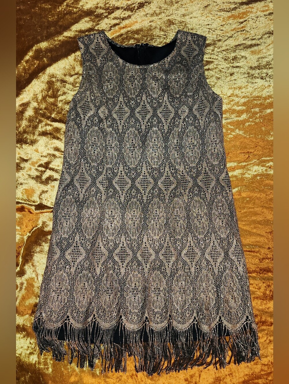 Vintage 1980s Black Gold Crochet Lace 1920s Style Fringed Shift Dress By Expose